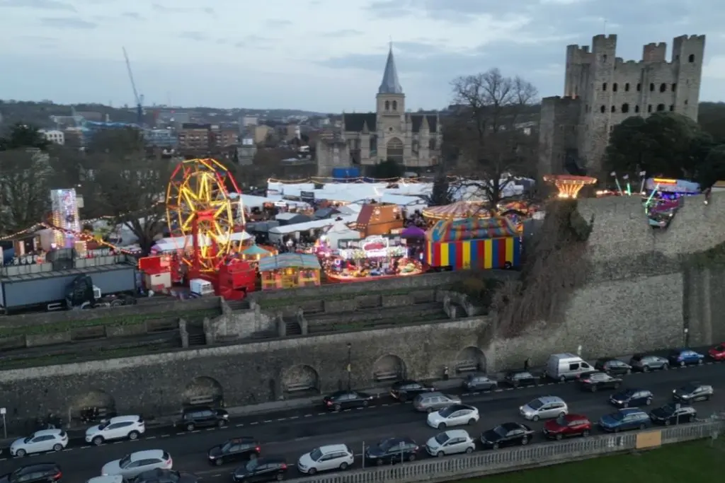 Aerial shot of Rochester Christmas Market with Ferris wheel and other attractions