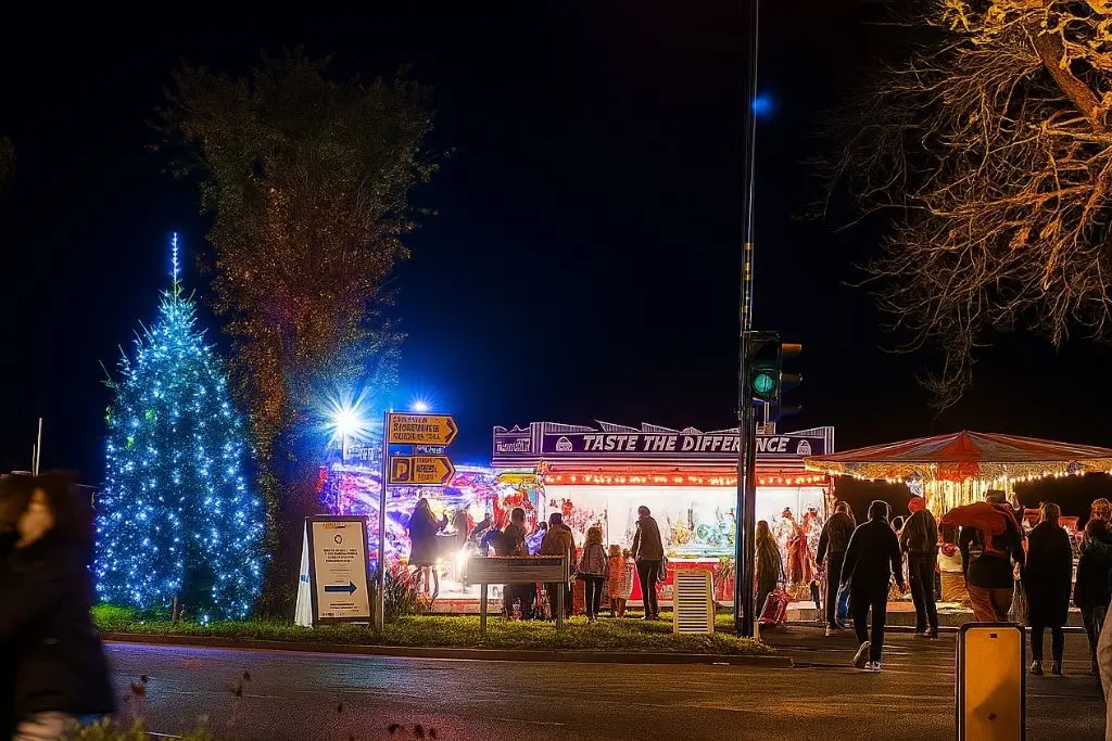 Tenterden Christmas Market at night with lights and shoppers.