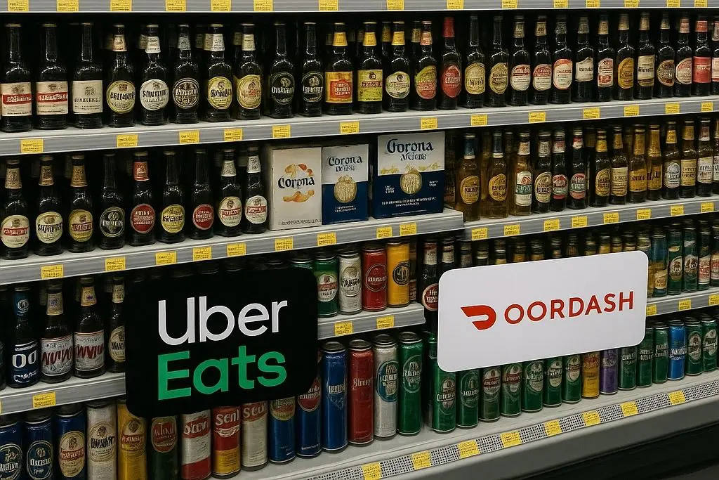 Supermarket alcohol display with Uber Eats and DoorDash logos placed at the bottom.