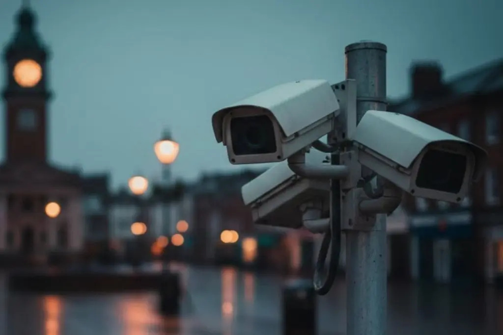 A cluster of CCTV cameras mounted on a pole in a quiet, wet town square at dusk, with streetlights glowing and a clock tower in the background.