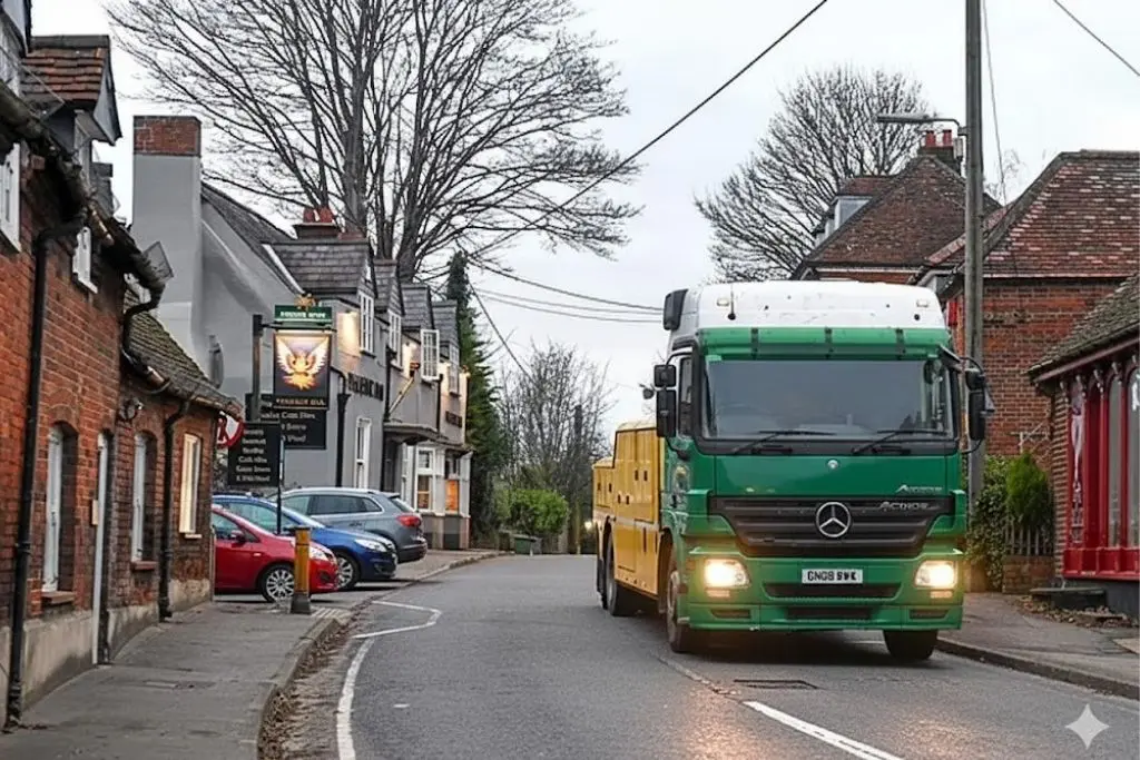 A large green lorry squeezes through a narrow Biddenden street past parked cars and local homes