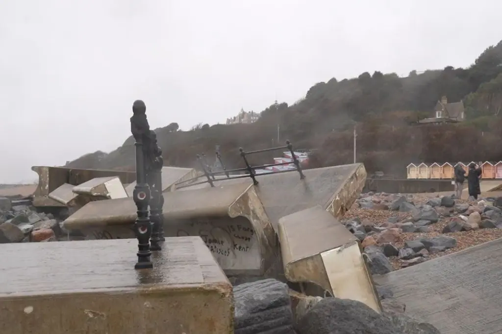 Uprooted and destroyed concrete sea defences lie scattered across Mermaid Beach in Folkestone following the tidal surge from Storm Goretti.
