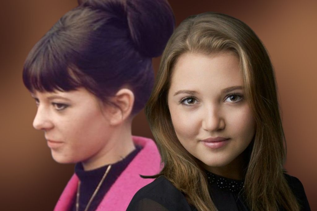 Side-by-side portrait of Maureen Cox Starkey (left) and actress Mia McKenna-Bruce