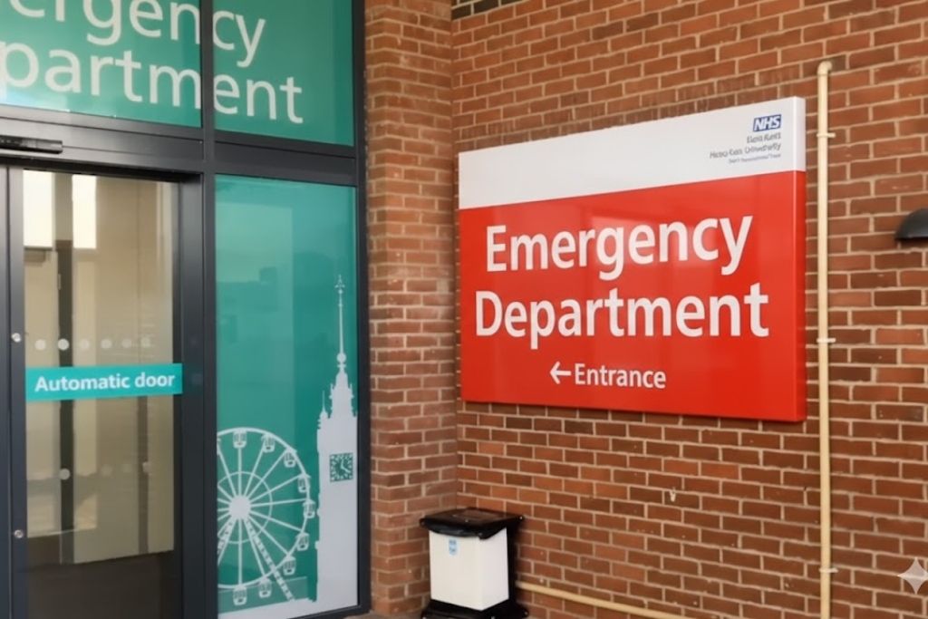 NHS Emergency Department entrance signage beside door at QEQM Hospital in Margate.