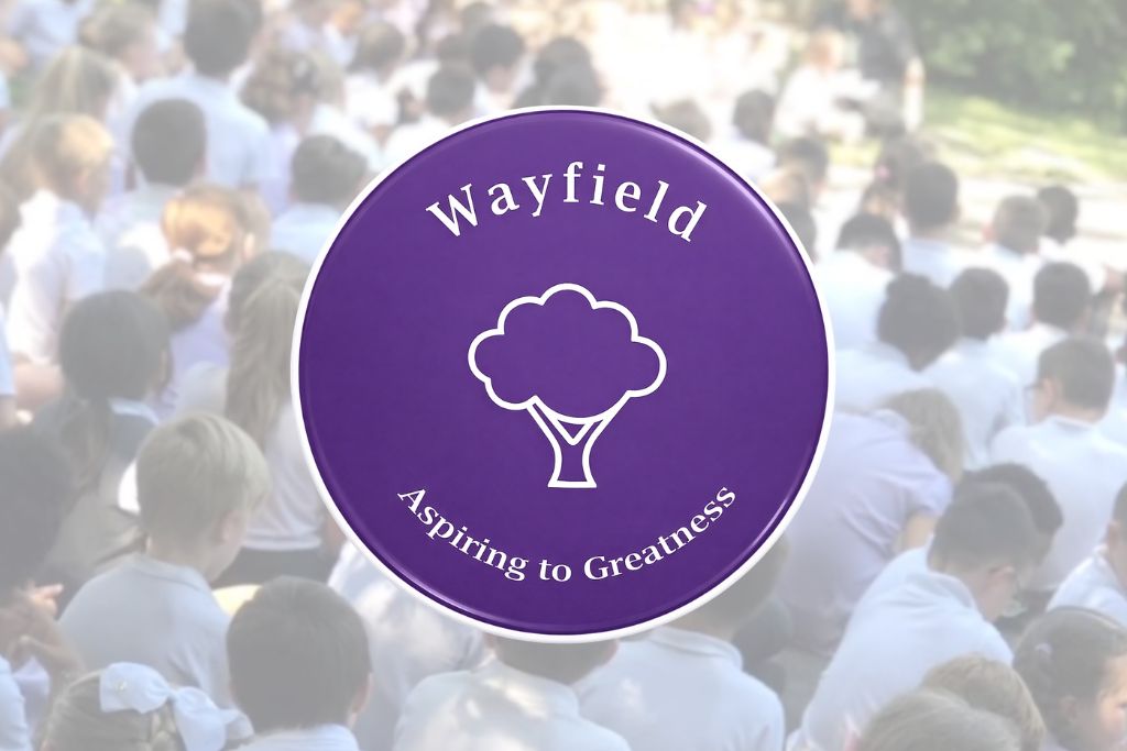 students sitting on the ground on the background and Wayfield Primary School logo at the center